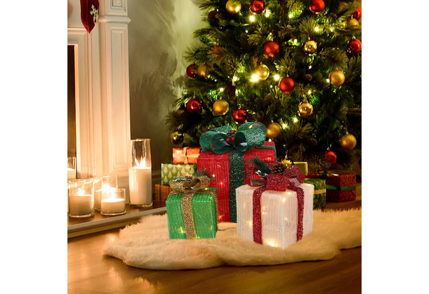 LALAHO LED Dekolicht LED Geschenkbox Weihnachtsdeko 3er Set, mit 60 warmweißen LEDs Weihnachtsdeko beleuchtete 20/13.5/11 cm Bild 4