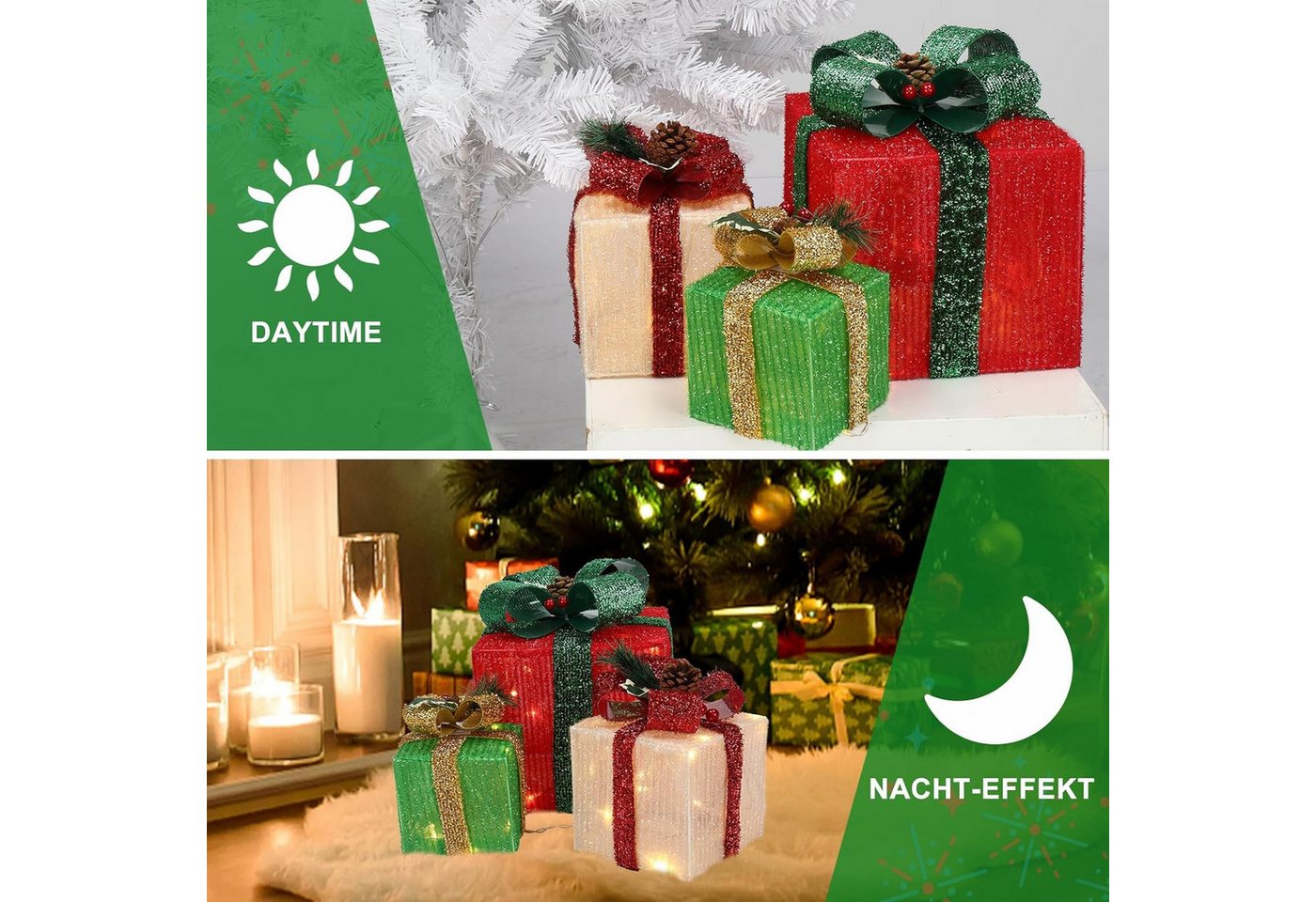 LALAHO LED Dekolicht LED Geschenkbox Weihnachtsdeko 3er Set, mit 60 warmweißen LEDs Weihnachtsdeko beleuchtete 20/13.5/11 cm Bild 5