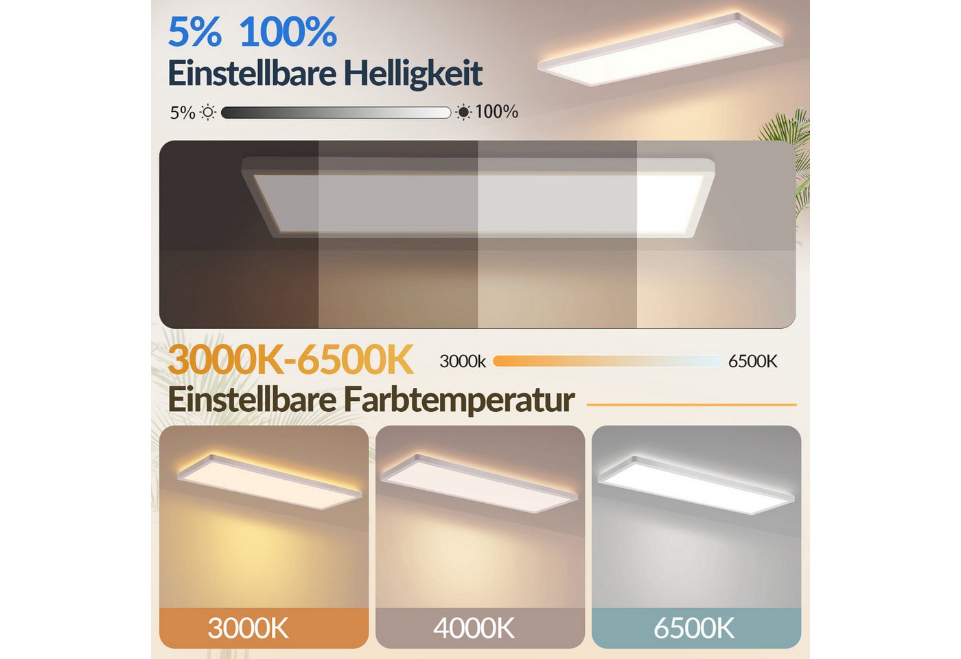 ZMH LED Deckenleuchte Modern Rechteck 22 W, RGB, CCT dimmbar mit Fernbedienung, Memory Function, LED fest integriert, Warmweiß-Neutralweiß-Kaltweiß, Hohe Farbwiedergabeindex, Rechteckdesign, 3600lm, 3000k-6500k