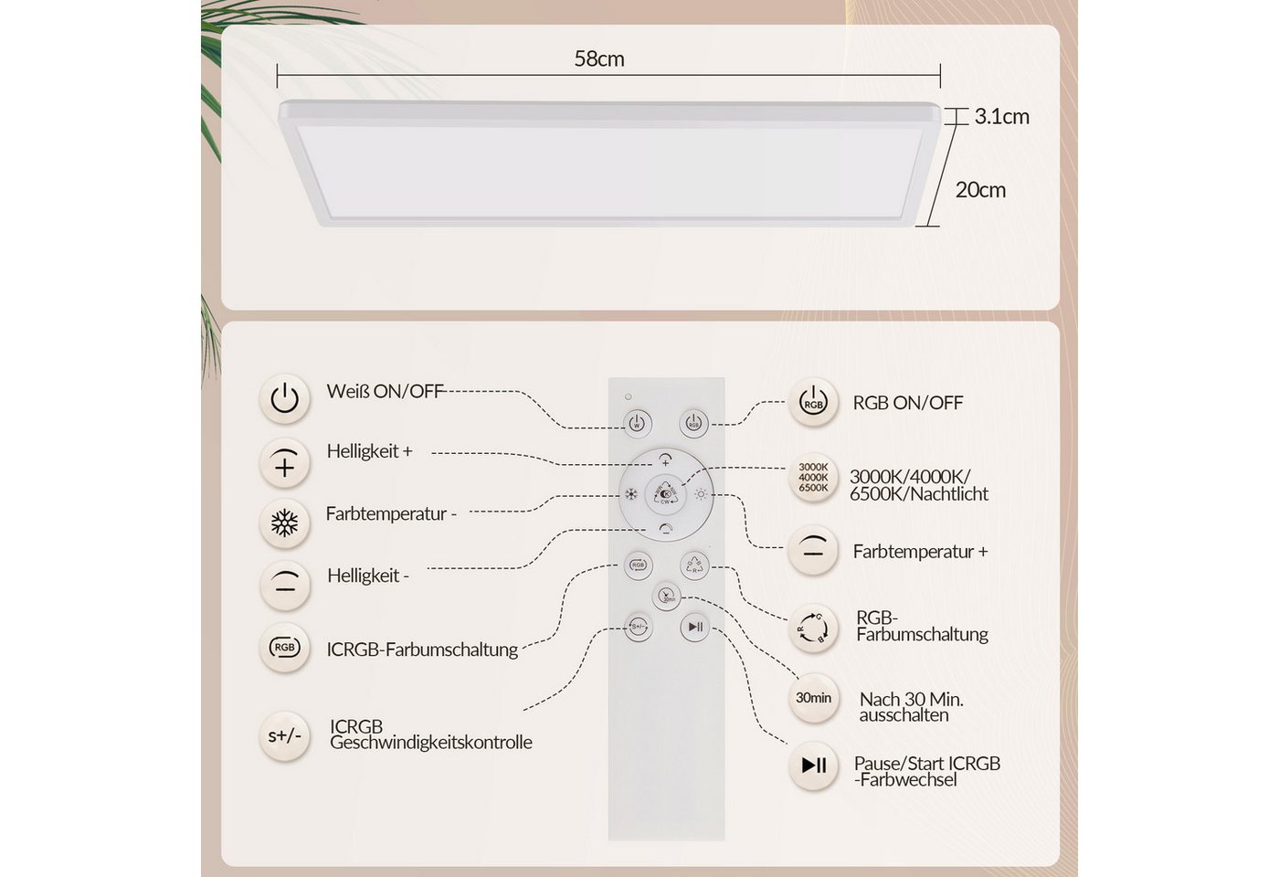 ZMH LED Deckenleuchte Modern Rechteck 22 W, RGB, CCT dimmbar mit Fernbedienung, Memory Function, LED fest integriert, Warmweiß-Neutralweiß-Kaltweiß, Hohe Farbwiedergabeindex, Rechteckdesign, 3600lm, 3000k-6500k Bild 2