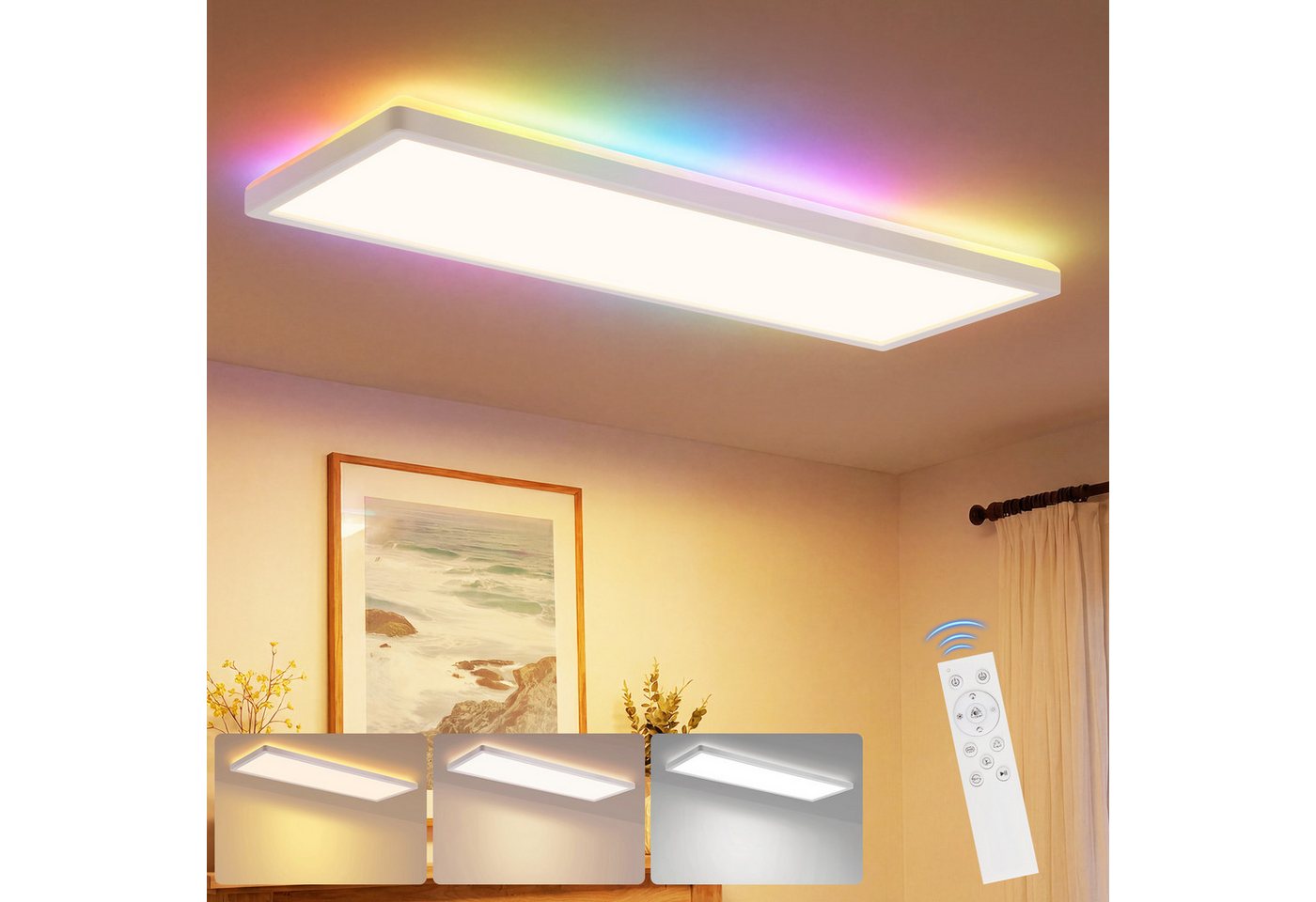ZMH LED Deckenleuchte Modern Rechteck 22 W, RGB, CCT dimmbar mit Fernbedienung, Memory Function, LED fest integriert, Warmweiß-Neutralweiß-Kaltweiß, Hohe Farbwiedergabeindex, Rechteckdesign, 3600lm, 3000k-6500k Bild 5