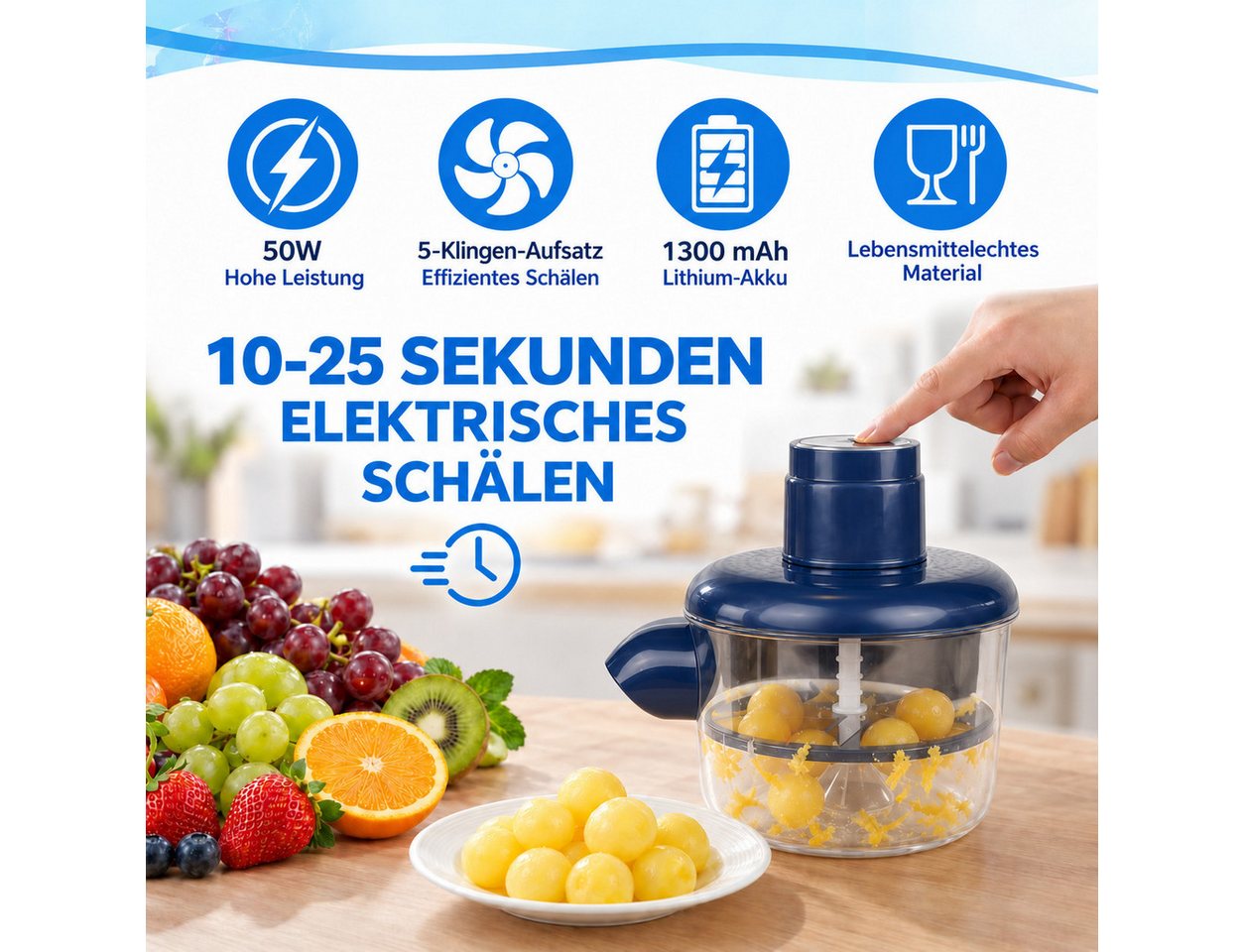 ibettertec Obstschneider Obstschäler - für Trauben, Kirschen & Tomaten,automatisch,USB, (35 W, mit Auffangbehälter & Auslauf, für schnelle & saubere Trennung von Schalen und Früchten), für die Küche & Zuhause Bild 3