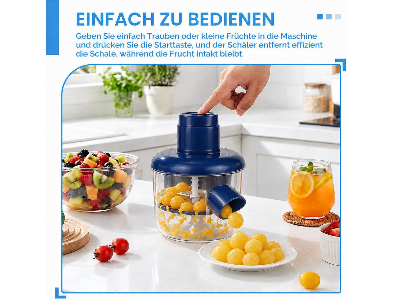 ibettertec Obstschneider Obstschäler - für Trauben, Kirschen & Tomaten,automatisch,USB, (35 W, mit Auffangbehälter & Auslauf, für schnelle & saubere Trennung von Schalen und Früchten), für die Küche & Zuhause Bild 5