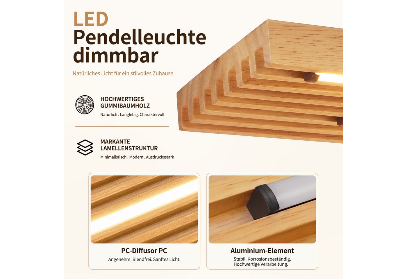 Nettlife LED Pendelleuchte Esstisch Holz,33W,dimmbar,Fernbedienung,Hängelampe Schwarz, 3000–6500K 80*15.5*120cm für Wohnzimmer Küche schlafzimmer esszimmer