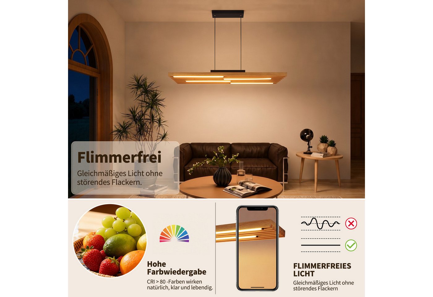 Nettlife LED Pendelleuchte Esstisch Holz,33W,dimmbar,Fernbedienung,Hängelampe Schwarz, 3000–6500K 80*15.5*120cm für Wohnzimmer Küche schlafzimmer esszimmer Bild 2