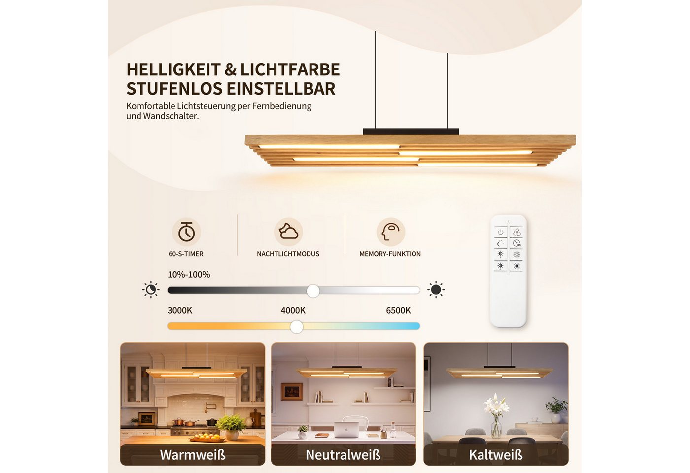 Nettlife LED Pendelleuchte Esstisch Holz,33W,dimmbar,Fernbedienung,Hängelampe Schwarz, 3000–6500K 80*15.5*120cm für Wohnzimmer Küche schlafzimmer esszimmer Bild 3
