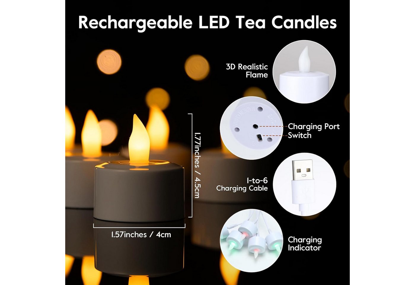 EXTSUD LED-Kerze LED Teelichter Aufladbar 6er Set mit Fernbedienung und Timer, 1-zu-6, Warmweiß