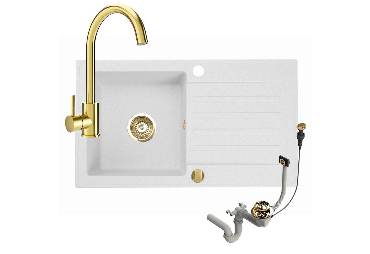 Faizee Möbel Granitspüle Alisha mit Armatur Genial Gold & Siphon-Set Gold Weiß Genial Gold, Rechteck, 75/45 cm
