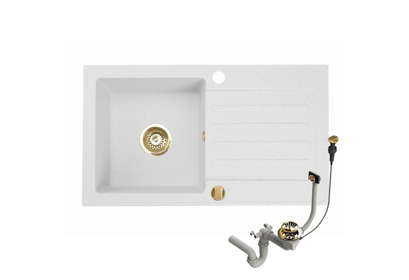 Faizee Möbel Granitspüle Alisha mit Armatur Genial Gold & Siphon-Set Gold Weiß Genial Gold, Rechteck, 75/45 cm Bild 2
