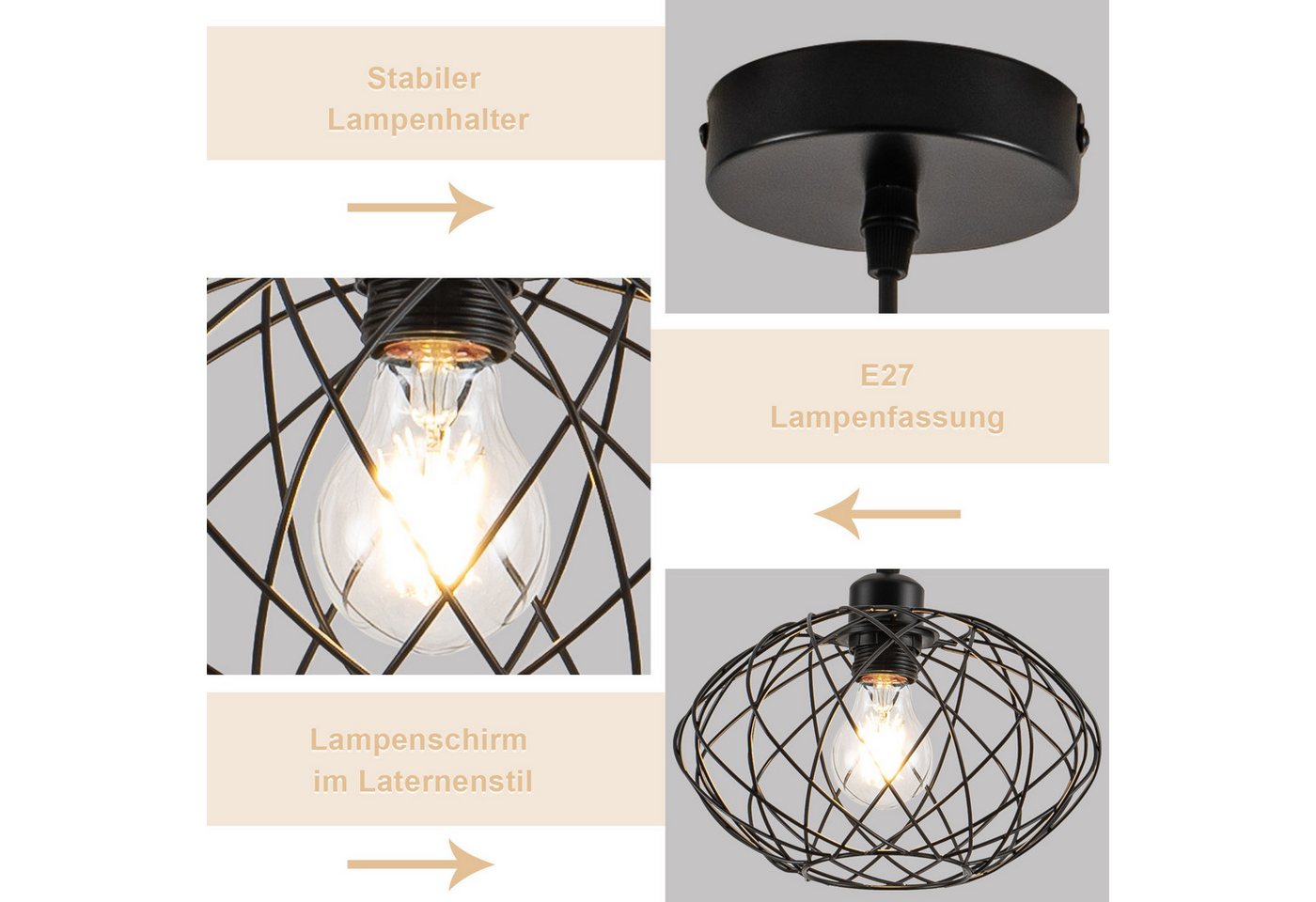 ZMH Pendelleuchte Esszimmer 120CM Schwarz Retro Käfig Gitter E27 Hängeleuchte Flur, ohne Leuchtmittel, Fliegende Untertasse, 1 Flammig Retro Esstischlampe Wohnzimmer Treppenhaus