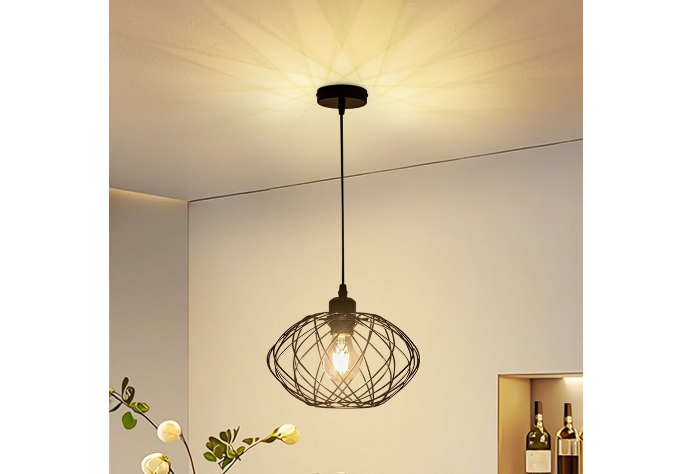 ZMH Pendelleuchte Esszimmer 120CM Schwarz Retro Käfig Gitter E27 Hängeleuchte Flur, ohne Leuchtmittel, Fliegende Untertasse, 1 Flammig Retro Esstischlampe Wohnzimmer Treppenhaus Bild 3