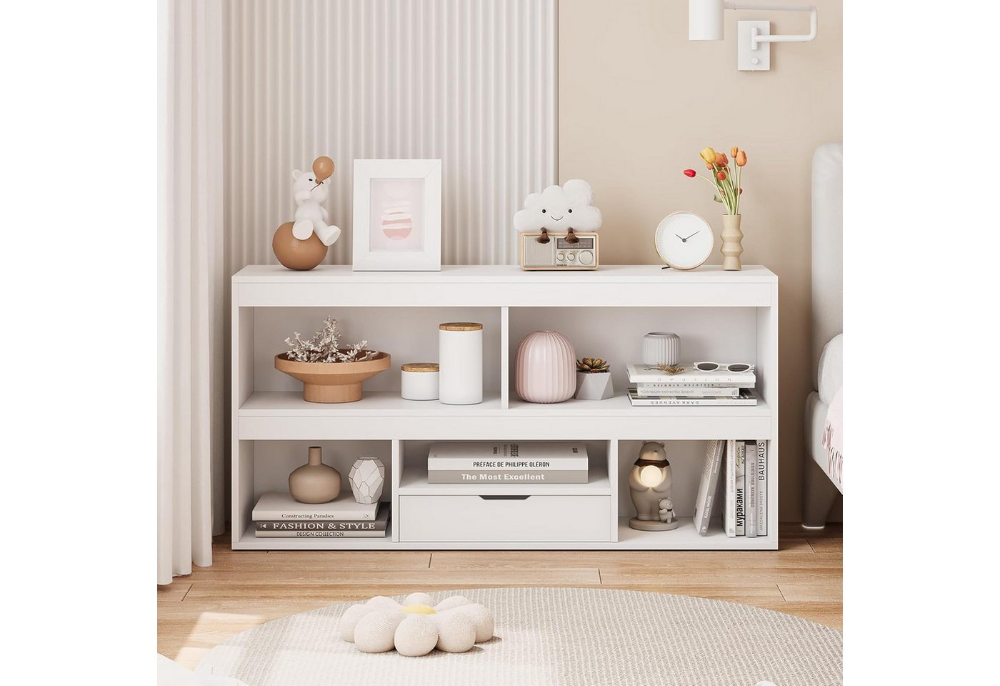 GarveeMore Kinderregal mit 6 Fächern,Holz-Aufbewahrungsschrank,120x30x61cm, Bücherregal Kinder,Standregal für Spielzeug und Bücher