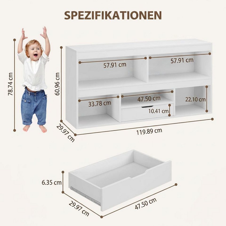 GarveeMore Kinderregal mit 6 Fächern,Holz-Aufbewahrungsschrank,120x30x61cm, Bücherregal Kinder,Standregal für Spielzeug und Bücher Bild 2