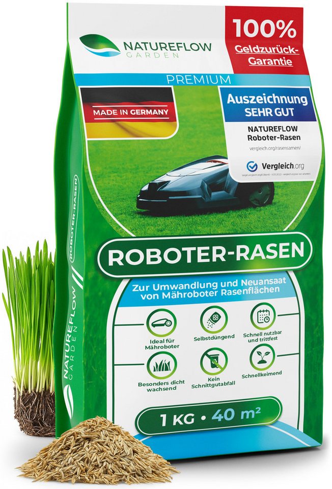 Natureflow Rasensamen schnellkeimend, selbstdüngend, TEST SEHR GUT, 100% Keimgarantie, 1 kg, 1 kg Bild 5
