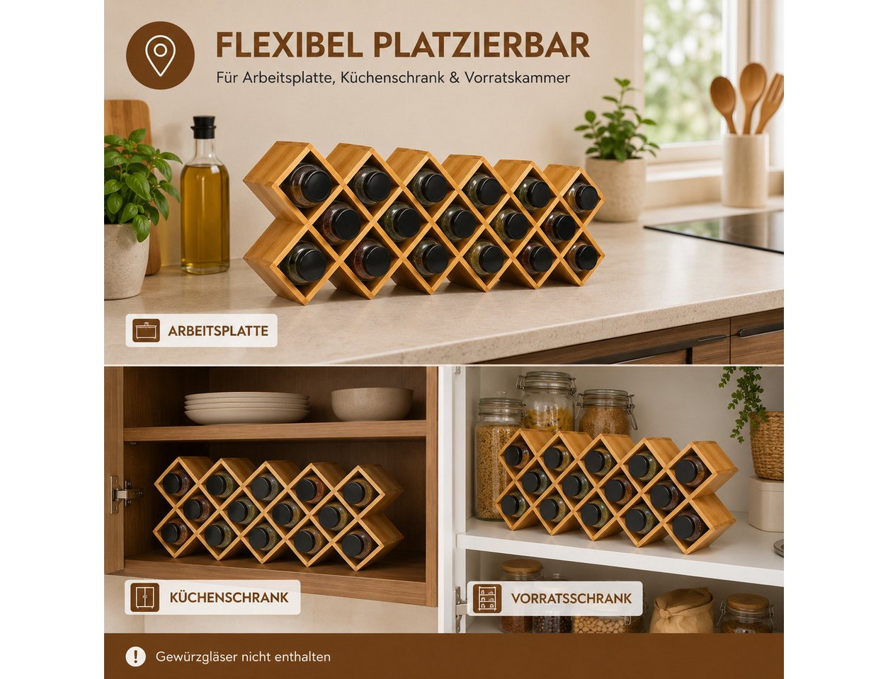 Best for Home Gewürzregal Gewürz Organizer für Küche, Arbeitsfläche und Vorratsschrank, Braun