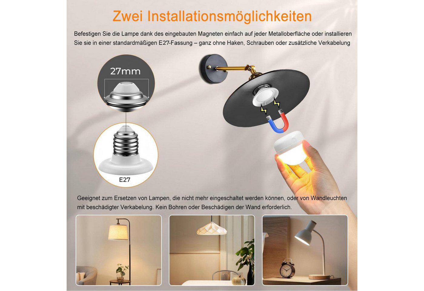 Futicare LED Unterbauleuchte – kabellos aufladbar & magnetisch montierbar, ohne feste Verkabelung, mit Fernbedienung, 3 Farbtemperaturen (3000K–6500K) & stufenlos dimmbar (15–100), auch als E27 Lichtquelle nutzbar, ideal für Schrank, Küche, Schlafzimmer & kleine Räume