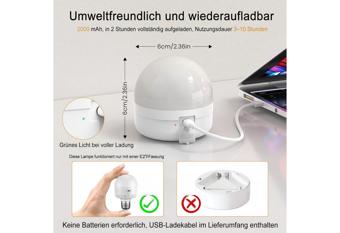 Futicare LED Unterbauleuchte – kabellos aufladbar & magnetisch montierbar, ohne feste Verkabelung, mit Fernbedienung, 3 Farbtemperaturen (3000K–6500K) & stufenlos dimmbar (15–100), auch als E27 Lichtquelle nutzbar, ideal für Schrank, Küche, Schlafzimmer & kleine Räume Bild 3