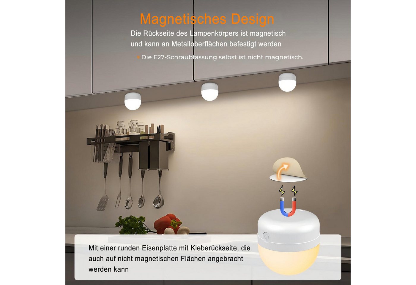 Futicare LED Unterbauleuchte – kabellos aufladbar & magnetisch montierbar, ohne feste Verkabelung, mit Fernbedienung, 3 Farbtemperaturen (3000K–6500K) & stufenlos dimmbar (15–100), auch als E27 Lichtquelle nutzbar, ideal für Schrank, Küche, Schlafzimmer & kleine Räume Bild 4