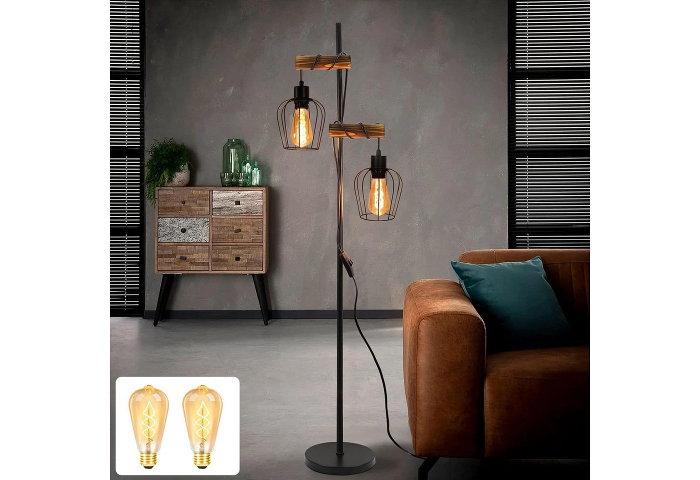 Nettlife Stehlampe Holz Vintage E27 2 Flammig Wohnzimmer Metall Schwarz Birne inklusive, mit Kippschalter, LED wechselbar, Stehleuchte für Wohnzimmer schlafzimmer Esszimmer Büro Bild 5