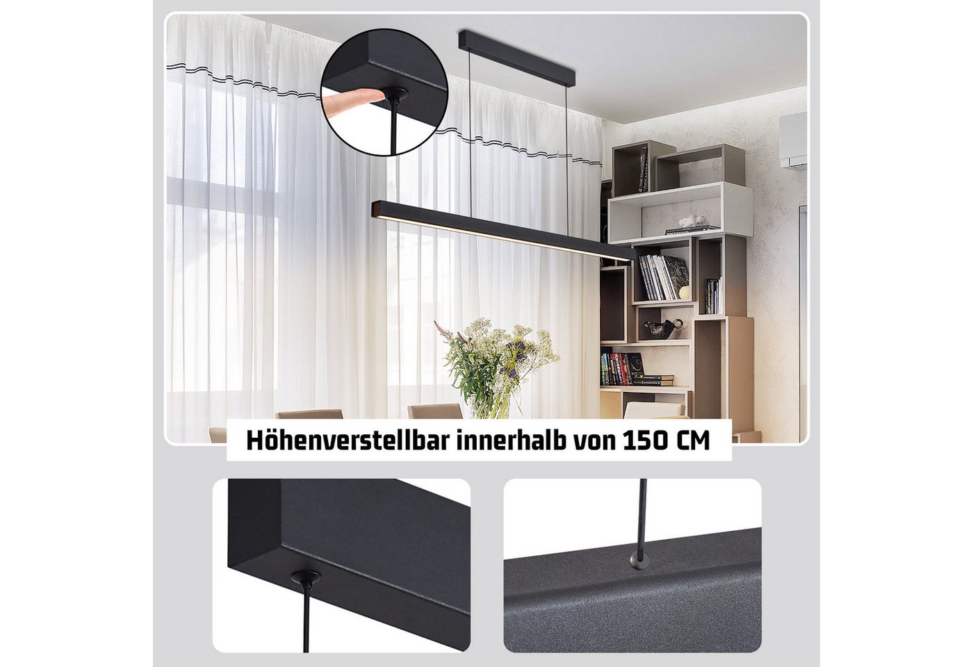 ZMH Pendelleuchte Esszimmer 108/148 CM Schwarz Linear Pendellampe 37W Dimmbar Küche, LED fest integriert, 3000-6500K, mit Fernbedienung Modern Hängeleuchte Wohnzimmer Bild 5