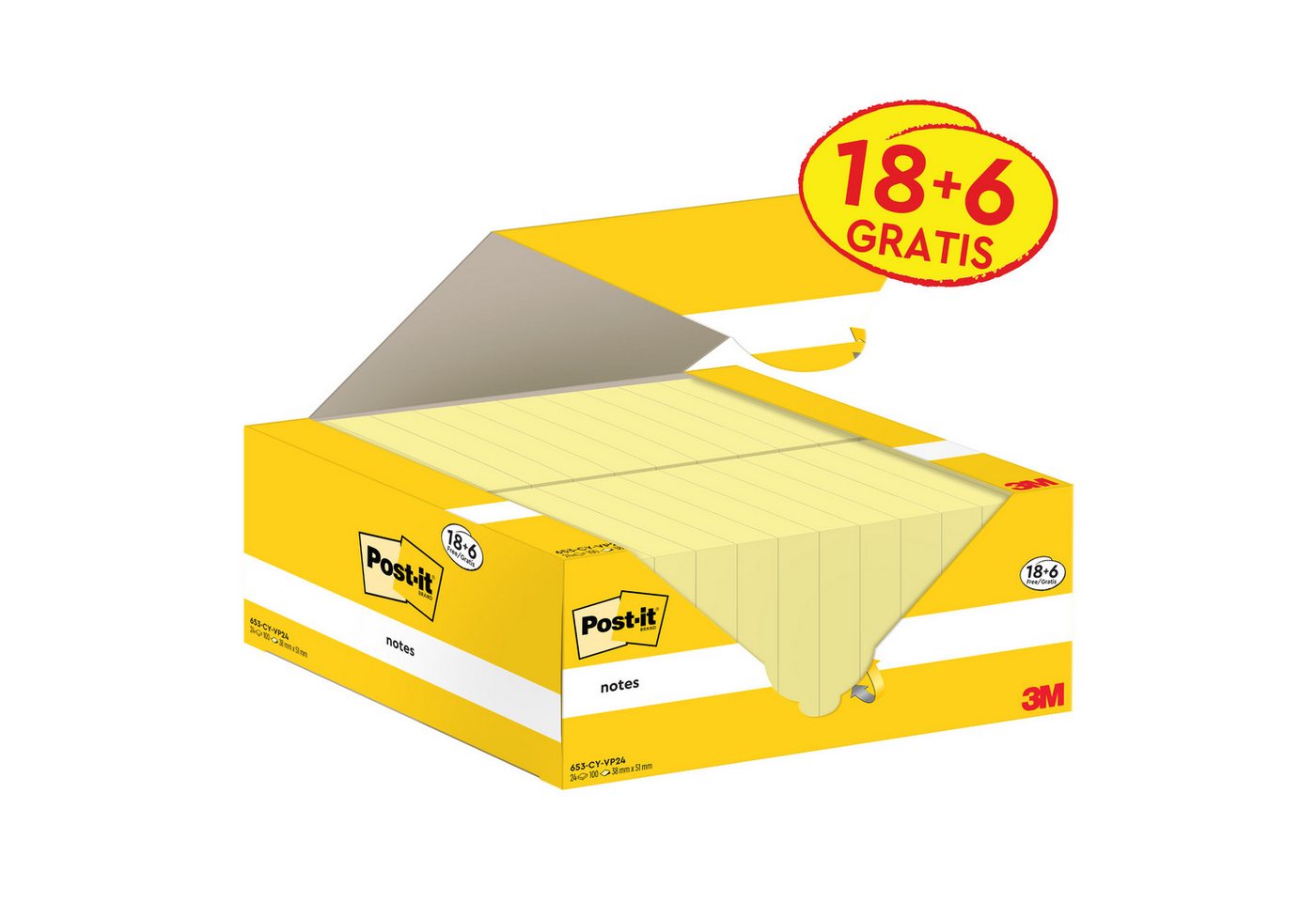 Post-it Notes Haftnotizblock Haftnotiz Notes 653-CY-VP24 38x51mm gelb 24x100 Blatt