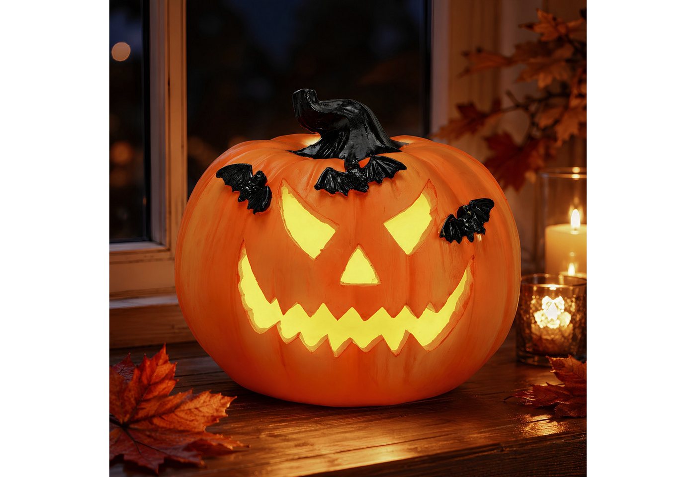 matches21 HOME & HOBBY Dekolicht LED Halloween Kürbis in Ø 14 x 12 cm - Deko mit Fledermäusen aus Poly, LED, Warmweiß, LED-Kürbis - Polyresin - 2×LR44 - kein Timer