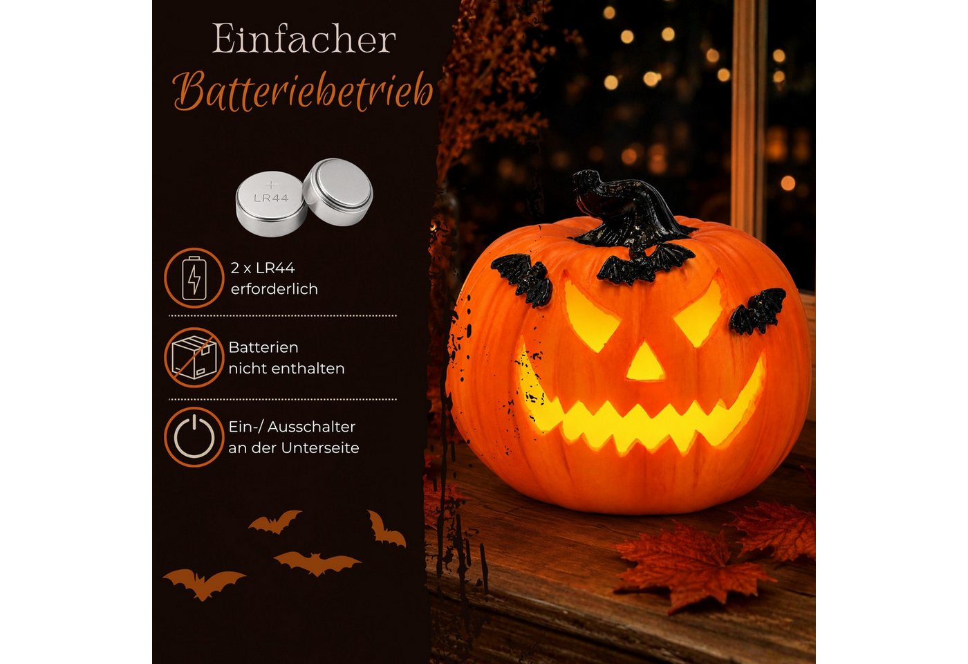 matches21 HOME & HOBBY Dekolicht LED Halloween Kürbis in Ø 14 x 12 cm - Deko mit Fledermäusen aus Poly, LED, Warmweiß, LED-Kürbis - Polyresin - 2×LR44 - kein Timer Bild 2