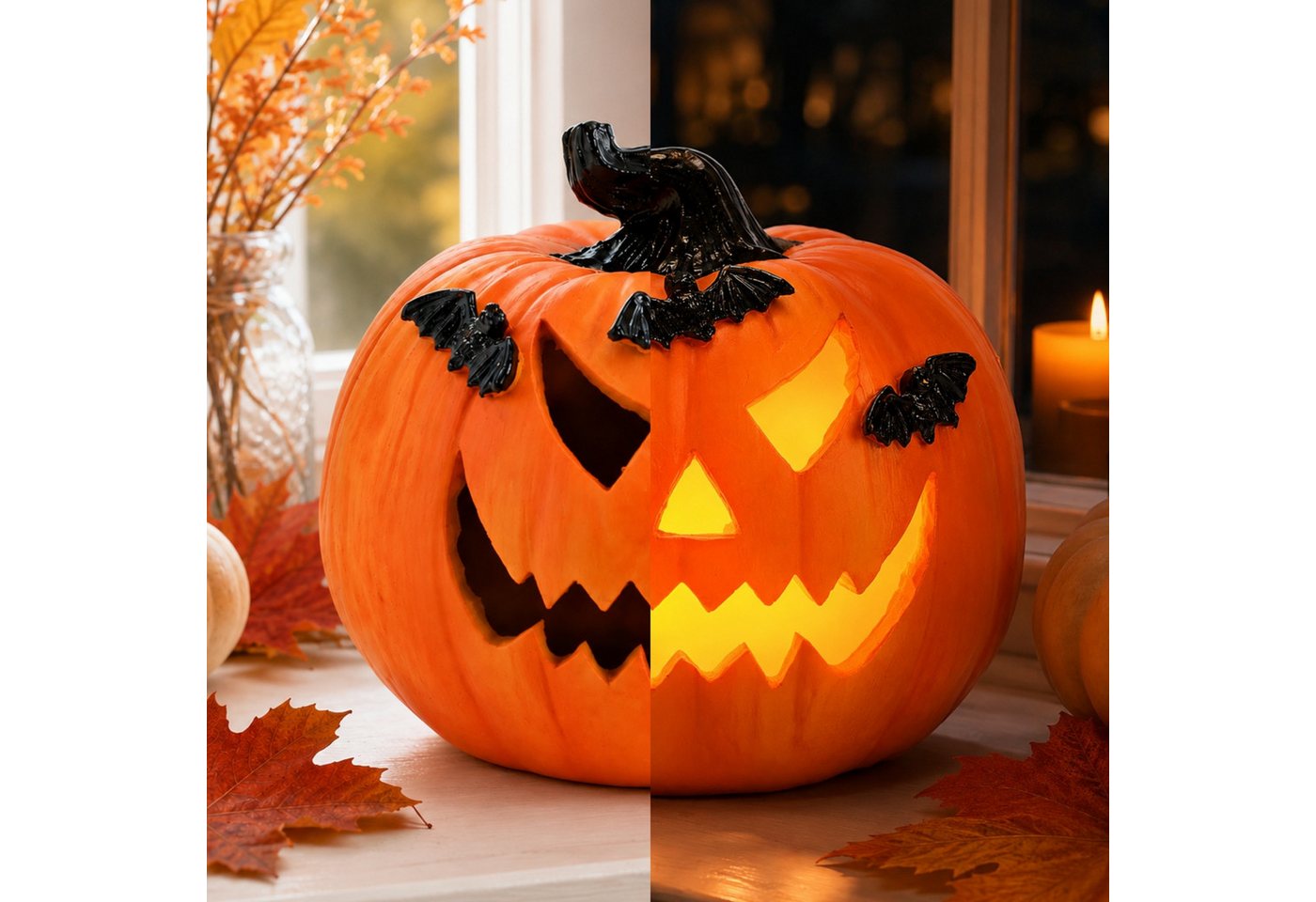 matches21 HOME & HOBBY Dekolicht LED Halloween Kürbis in Ø 14 x 12 cm - Deko mit Fledermäusen aus Poly, LED, Warmweiß, LED-Kürbis - Polyresin - 2×LR44 - kein Timer Bild 3