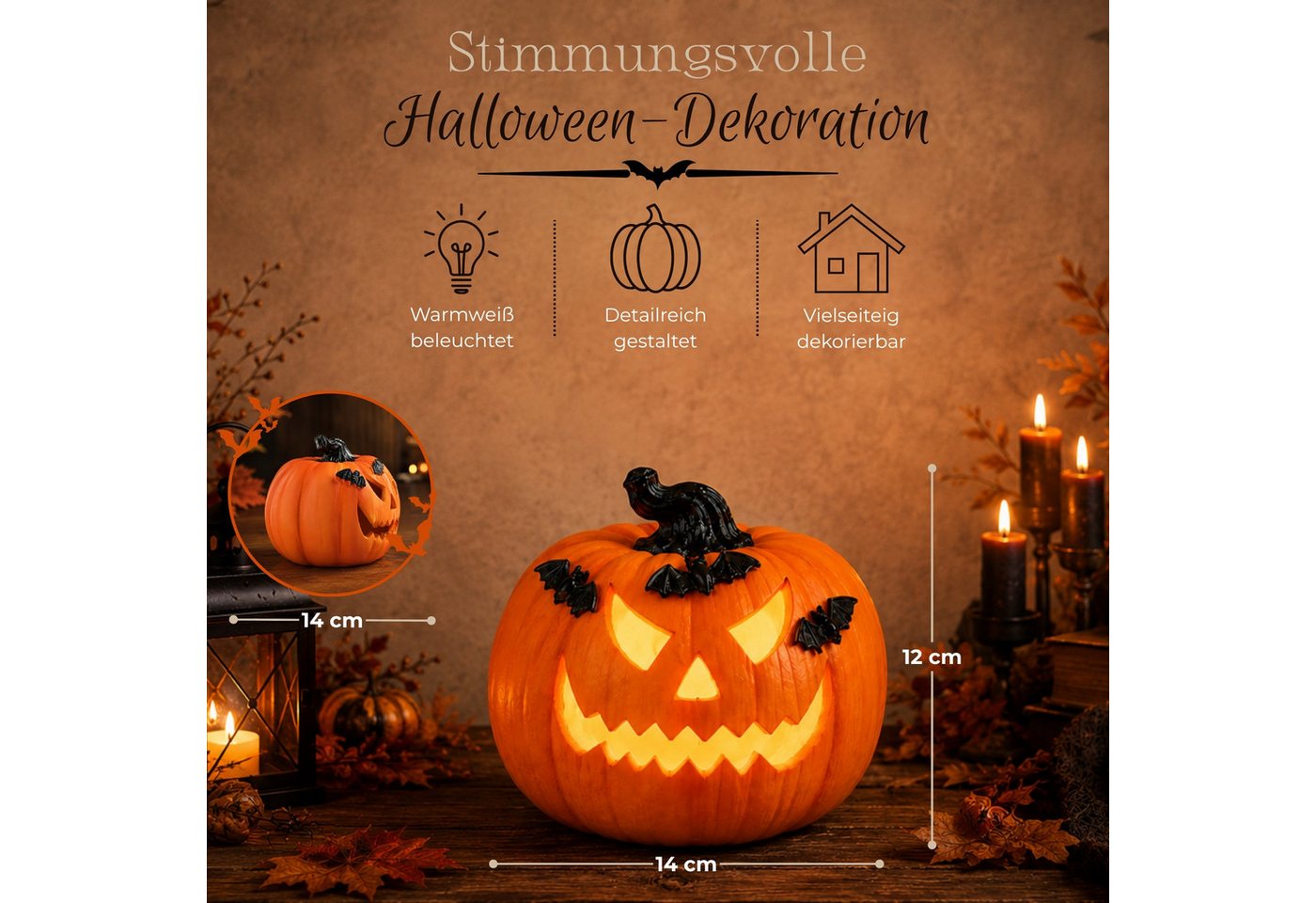 matches21 HOME & HOBBY Dekolicht LED Halloween Kürbis in Ø 14 x 12 cm - Deko mit Fledermäusen aus Poly, LED, Warmweiß, LED-Kürbis - Polyresin - 2×LR44 - kein Timer Bild 4