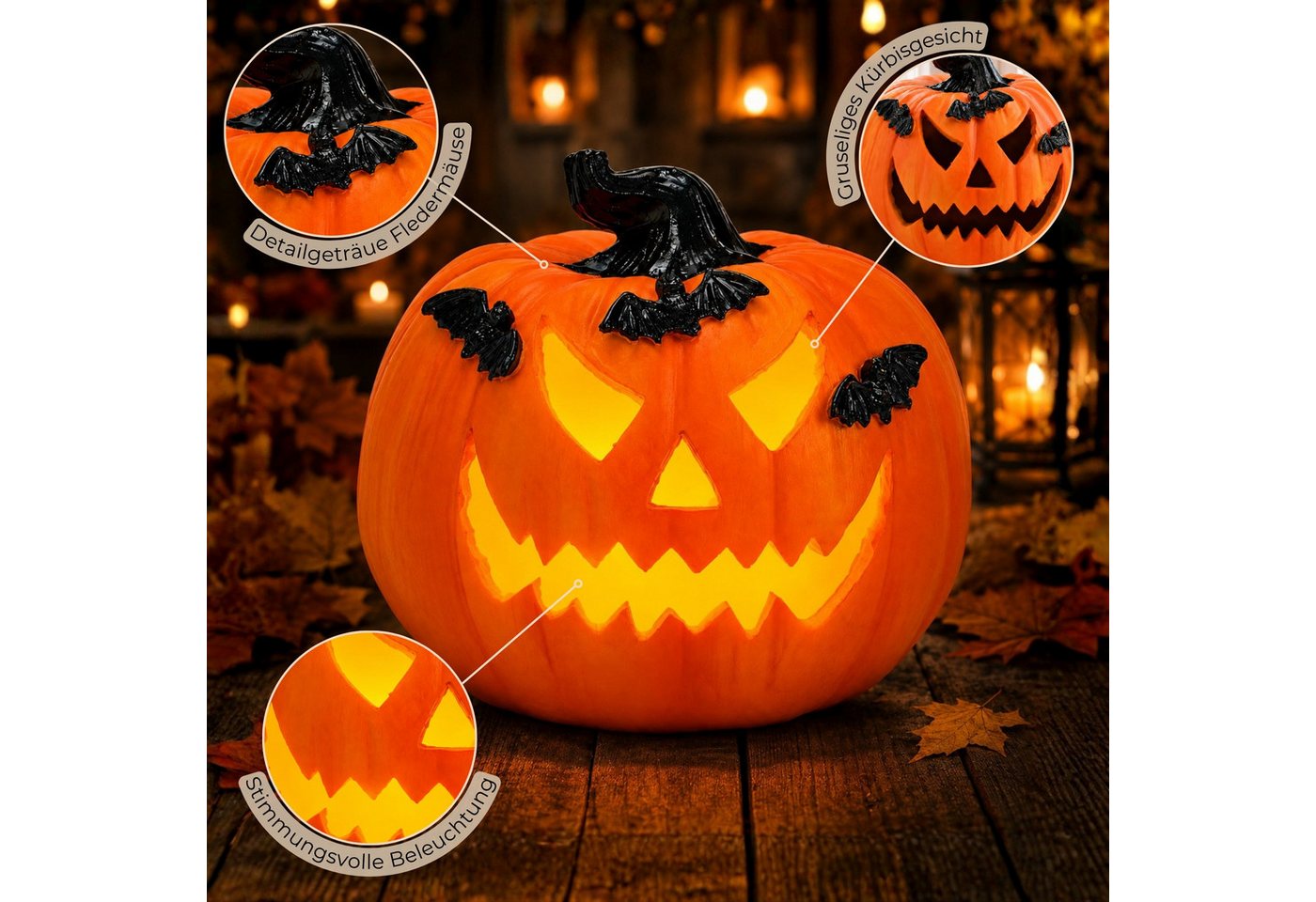 matches21 HOME & HOBBY Dekolicht LED Halloween Kürbis in Ø 14 x 12 cm - Deko mit Fledermäusen aus Poly, LED, Warmweiß, LED-Kürbis - Polyresin - 2×LR44 - kein Timer Bild 5