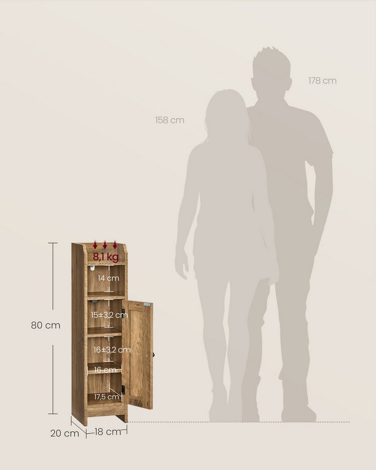 VASAGLE Badkommode Badezimmerschrank Badschrank schmal, stehend, verstellbare Ablagen, 20 x 18 x 80 cm,schmal,stehend,mit Tür und Regal