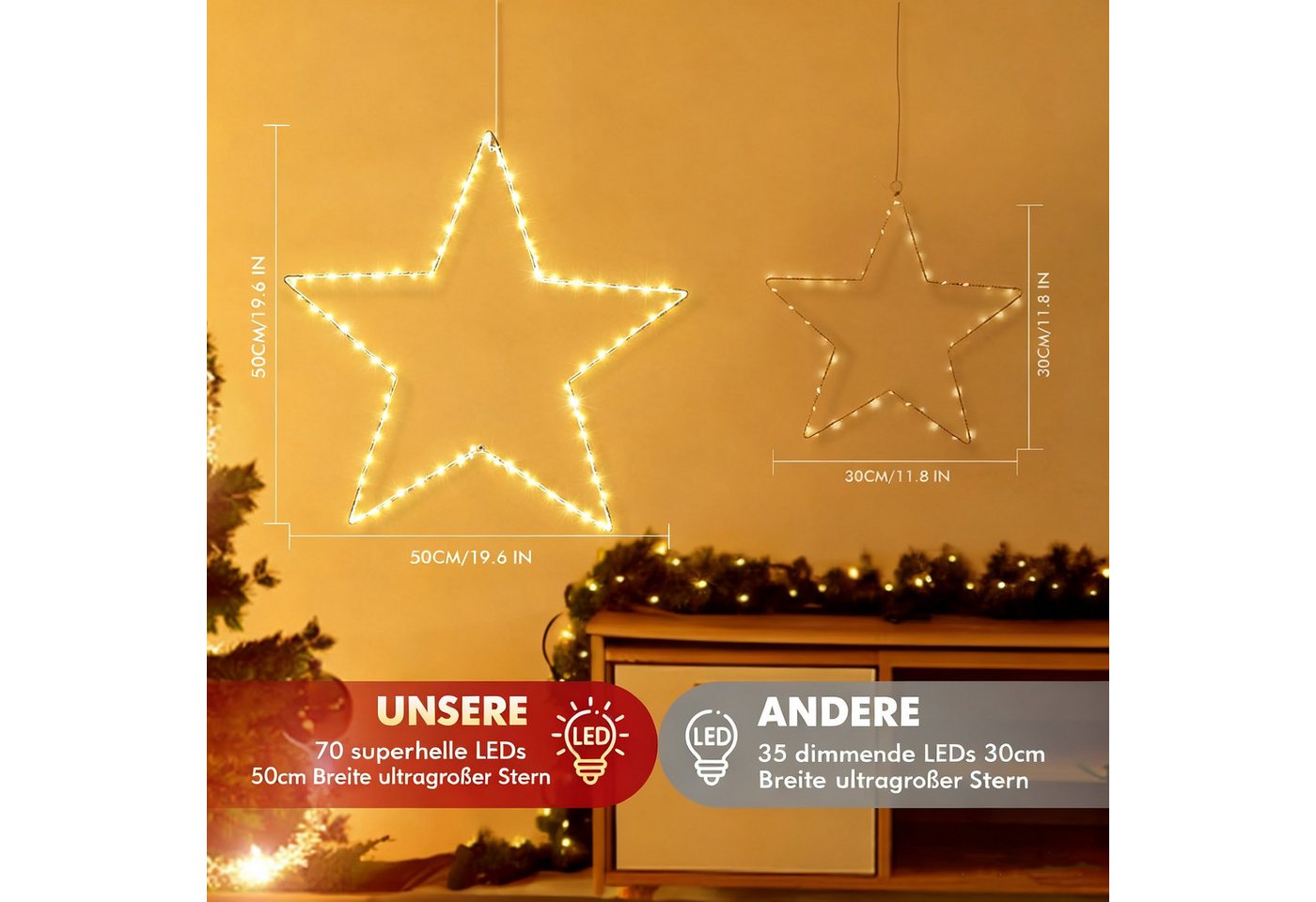 Quntis LED-Lichterkette Led weihnachtsdeko für fenster, innen/außen, weihnachtsstern, weihnachtsstern 50CM Led Stern mit Timer Memory Funktion Dekoration Bild 5