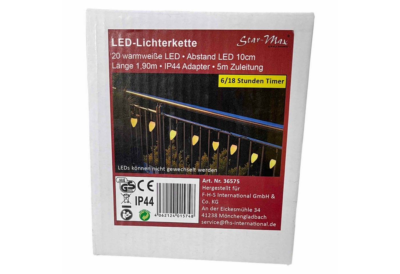 F-H-S International LED-Lichterkette, Party Tropfenform 1,9m warmweiß 6/18h Timer