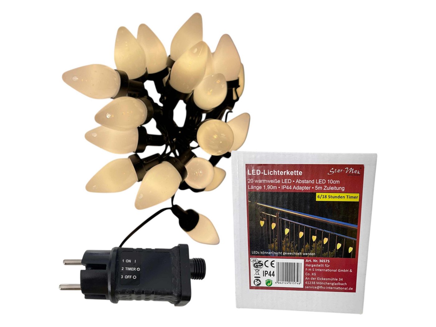F-H-S International LED-Lichterkette, Party Tropfenform 1,9m warmweiß 6/18h Timer Bild 3
