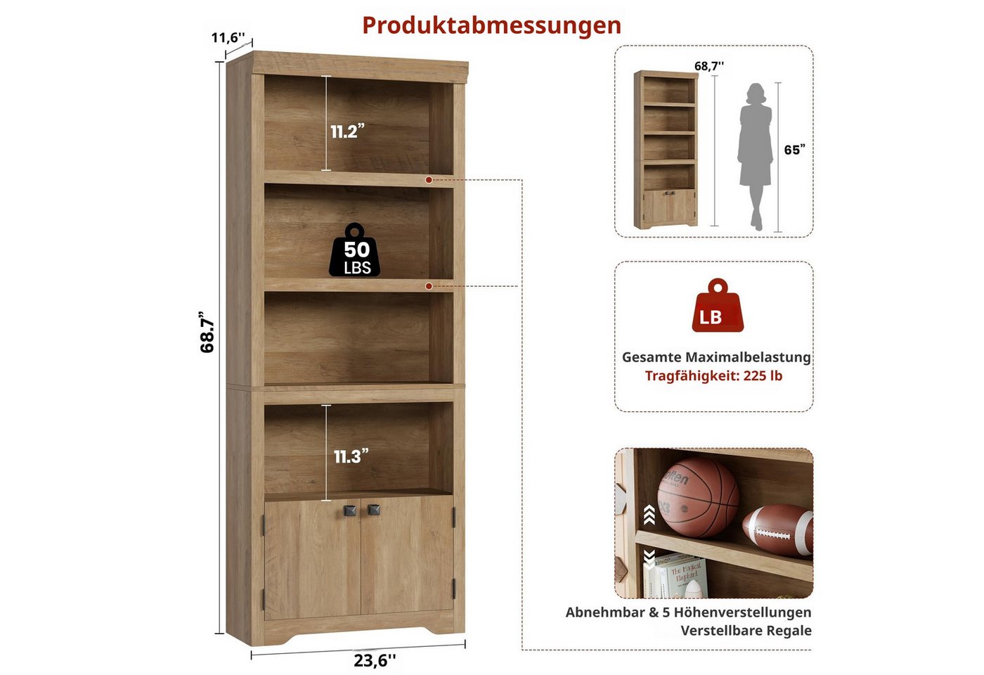 GarveeMore Bücherregal 5-stöckiger Bücherschrank mit 2 Türen, verstellbare Einlegeböden, wasserdichte Oberfläche, multifunktionales Standregal mit Kippschutz