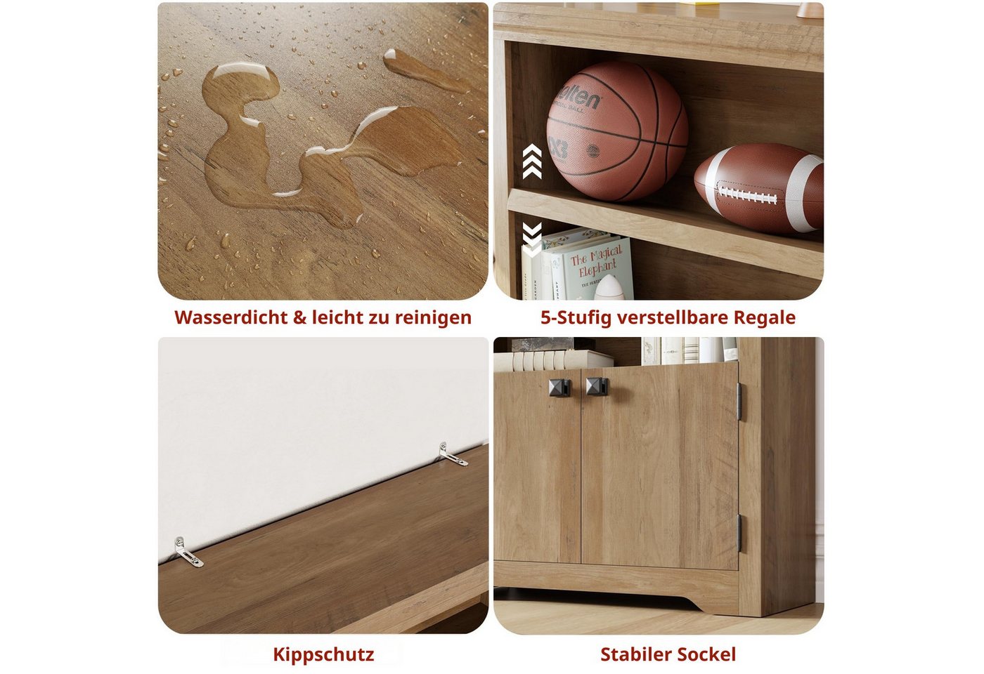 GarveeMore Bücherregal 5-stöckiger Bücherschrank mit 2 Türen, verstellbare Einlegeböden, wasserdichte Oberfläche, multifunktionales Standregal mit Kippschutz Bild 2