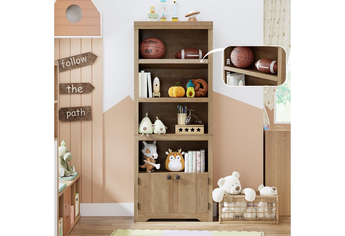 GarveeMore Bücherregal 5-stöckiger Bücherschrank mit 2 Türen, verstellbare Einlegeböden, wasserdichte Oberfläche, multifunktionales Standregal mit Kippschutz Bild 3