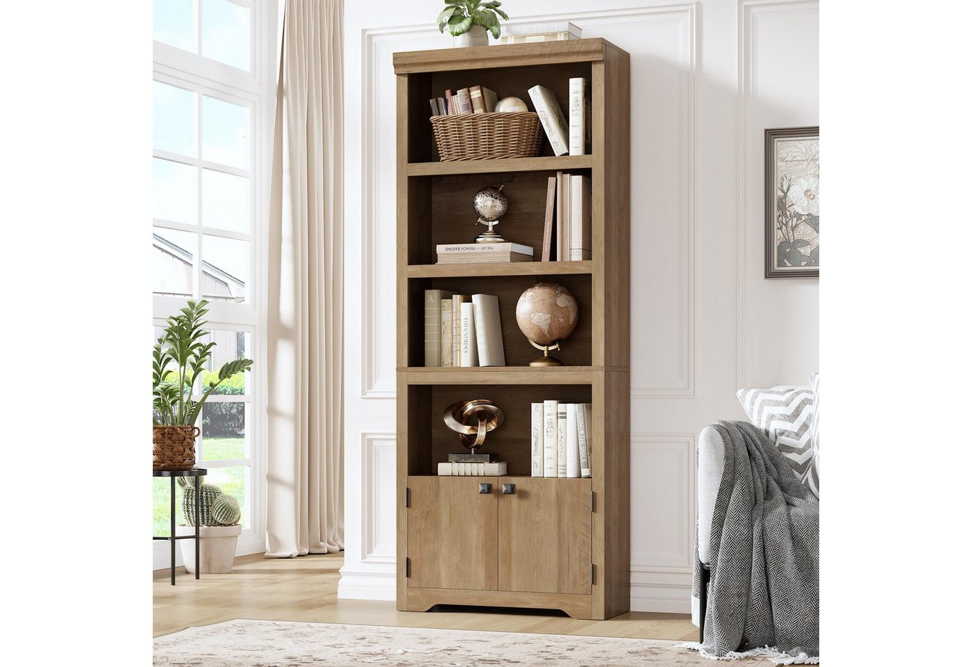 GarveeMore Bücherregal 5-stöckiger Bücherschrank mit 2 Türen, verstellbare Einlegeböden, wasserdichte Oberfläche, multifunktionales Standregal mit Kippschutz Bild 5