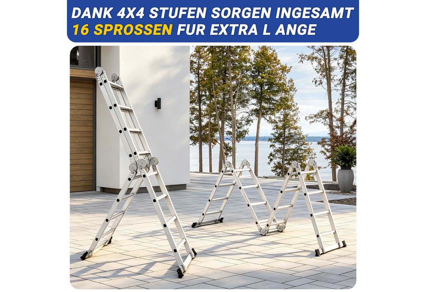 Clanmacy Vielzweckleiter 7 in 1 Multifunktionsleiter Gerüst 468cm Mehrzweckleiter Klappleiter (Multifunktionsleiter, Vielzweckleiter, Gelenkleiter, Universalleiter, 4x4 Sprossen), Mühelose Portabilität Unabhängige Verriegelung Narrensicherer Betrieb