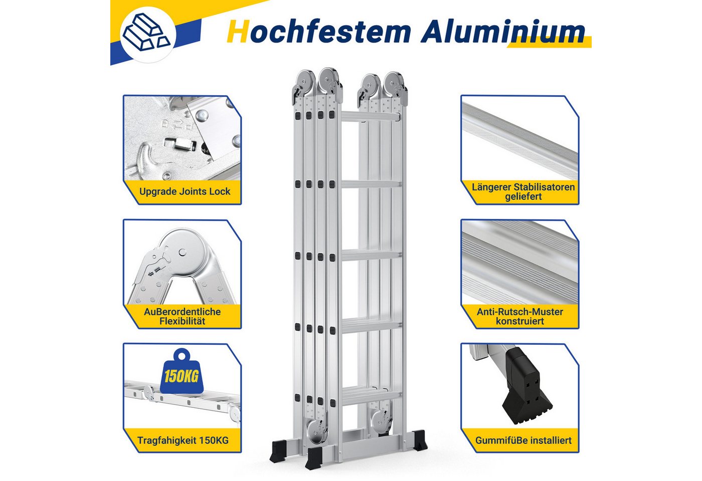 Clanmacy Vielzweckleiter 7 in 1 Multifunktionsleiter Gerüst 468cm Mehrzweckleiter Klappleiter (Multifunktionsleiter, Vielzweckleiter, Gelenkleiter, Universalleiter, 4x4 Sprossen), Mühelose Portabilität Unabhängige Verriegelung Narrensicherer Betrieb Bild 2