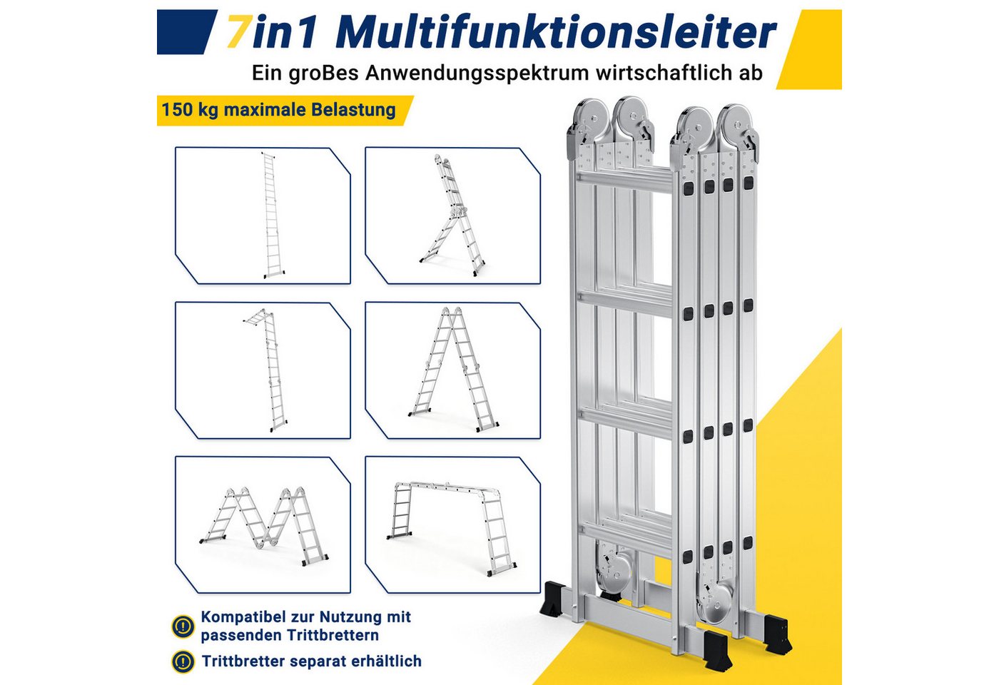Clanmacy Vielzweckleiter 7 in 1 Multifunktionsleiter Gerüst 468cm Mehrzweckleiter Klappleiter (Multifunktionsleiter, Vielzweckleiter, Gelenkleiter, Universalleiter, 4x4 Sprossen), Mühelose Portabilität Unabhängige Verriegelung Narrensicherer Betrieb Bild 3