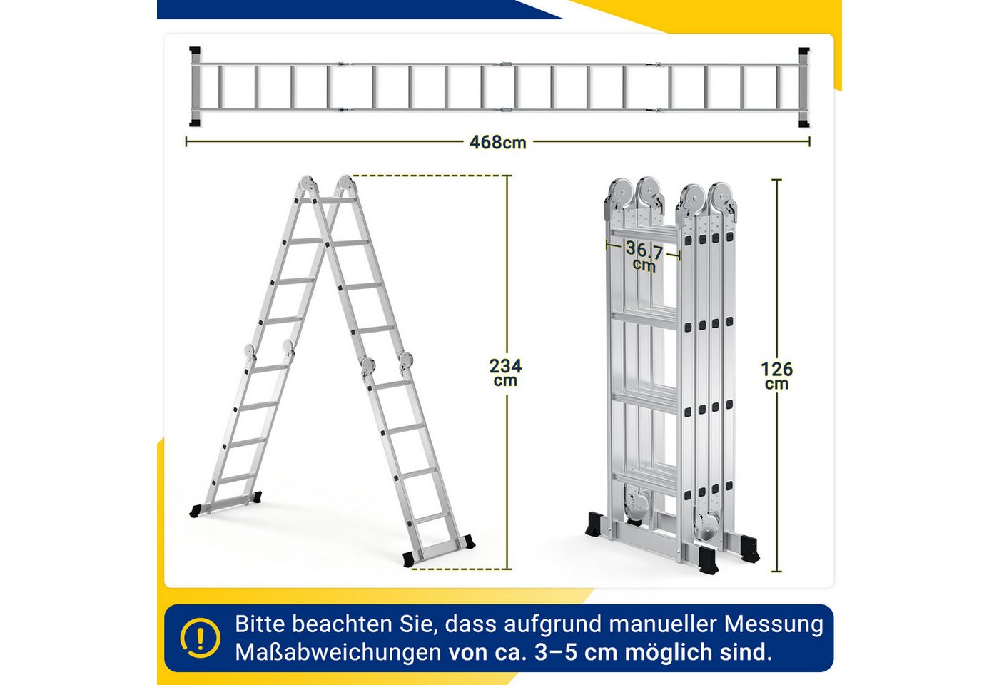Clanmacy Vielzweckleiter 7 in 1 Multifunktionsleiter Gerüst 468cm Mehrzweckleiter Klappleiter (Multifunktionsleiter, Vielzweckleiter, Gelenkleiter, Universalleiter, 4x4 Sprossen), Mühelose Portabilität Unabhängige Verriegelung Narrensicherer Betrieb Bild 4