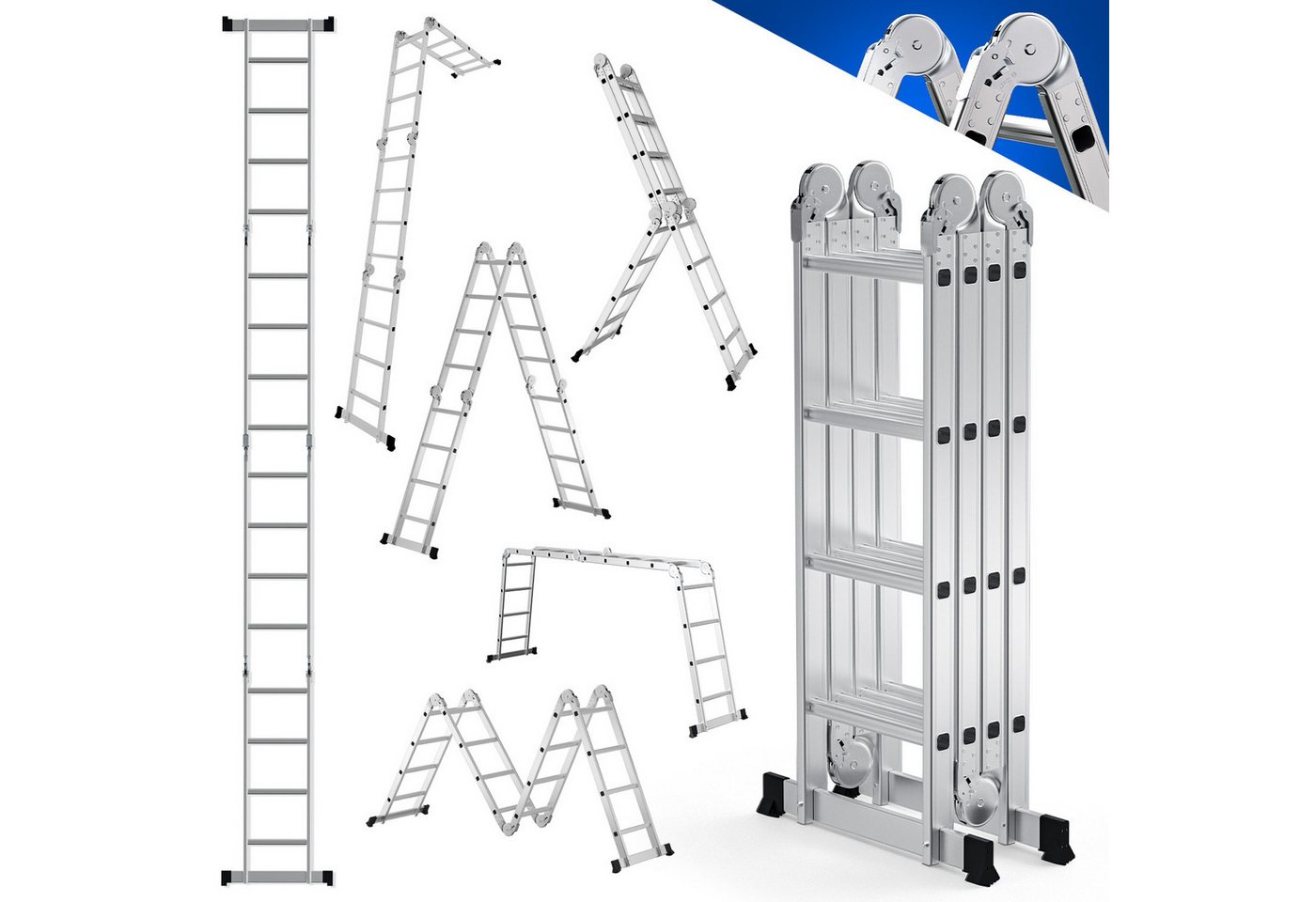 Clanmacy Vielzweckleiter 7 in 1 Multifunktionsleiter Gerüst 468cm Mehrzweckleiter Klappleiter (Multifunktionsleiter, Vielzweckleiter, Gelenkleiter, Universalleiter, 4x4 Sprossen), Mühelose Portabilität Unabhängige Verriegelung Narrensicherer Betrieb Bild 5
