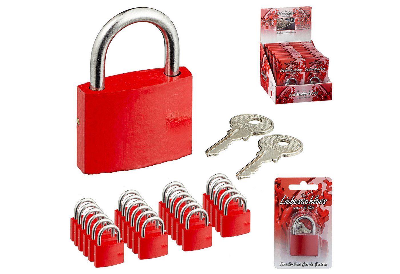 CEPEWA Vorhängeschloss Liebesschloss 24 Stück Display 3,8cm rot Metall 2fach 2 Schlüssel