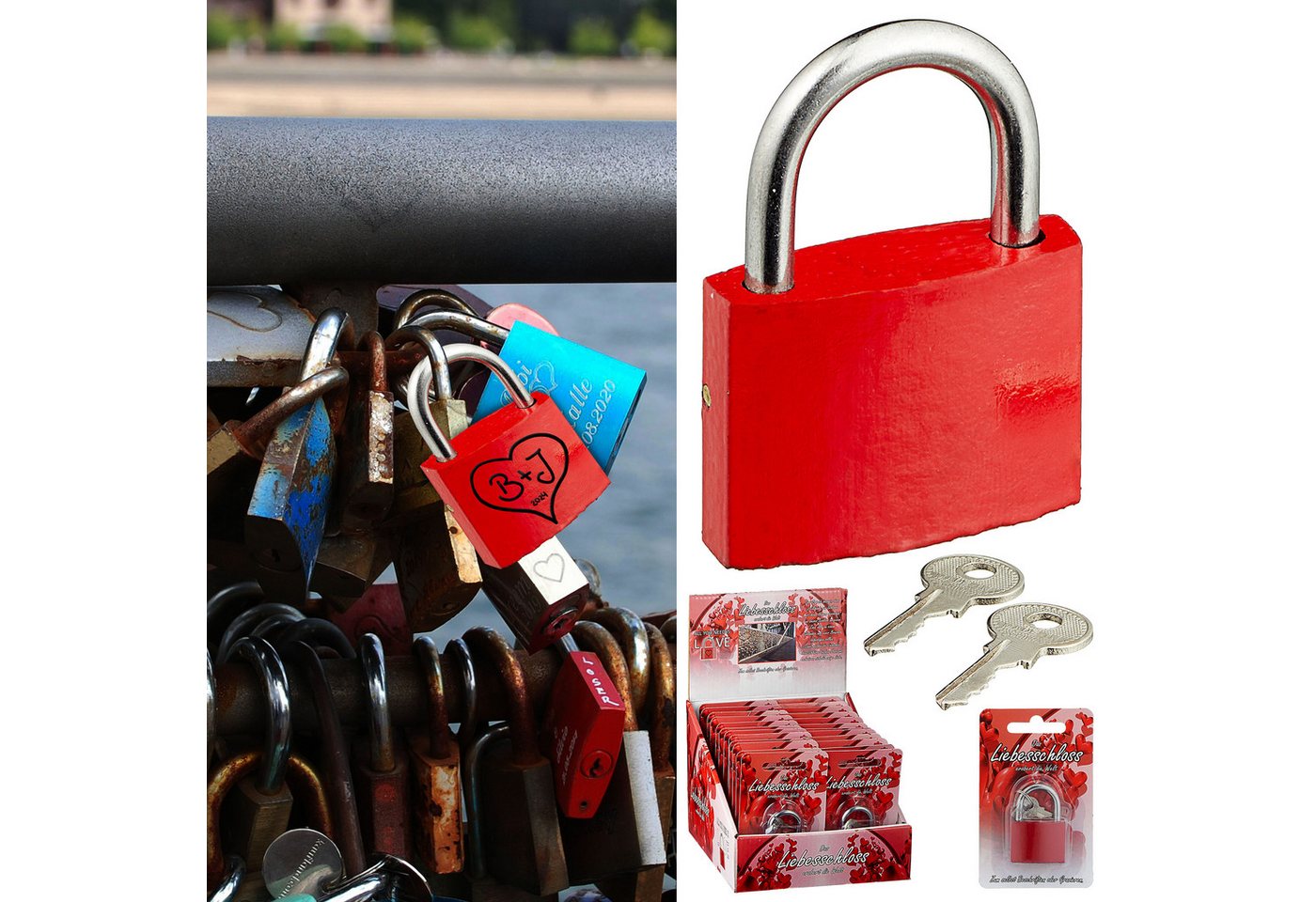 CEPEWA Vorhängeschloss Liebesschloss 24 Stück Display 3,8cm rot Metall 2fach 2 Schlüssel Bild 2