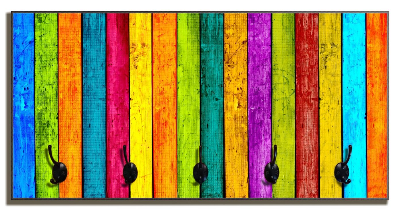 Wallario Garderobenpaneel Buntes Holz - bunte Streifen mit Farbe und Holzstruktur (1-teilig, inkl. Haken und Befestigung), 80x40cmHolz Bild 3
