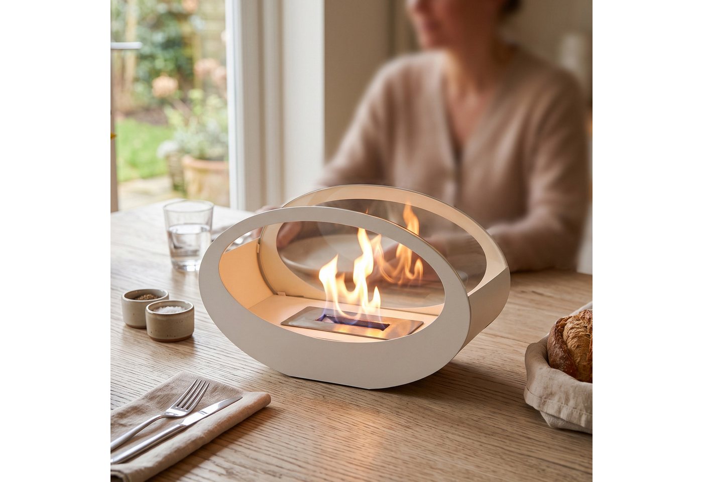 JHY DESIGN Feuerschale 40cm Breite Tisch-Feuerschale Tisch-Kami Windlichter, (1-St), aus Metall und Glas für Innen und Außenbereich Weiß
