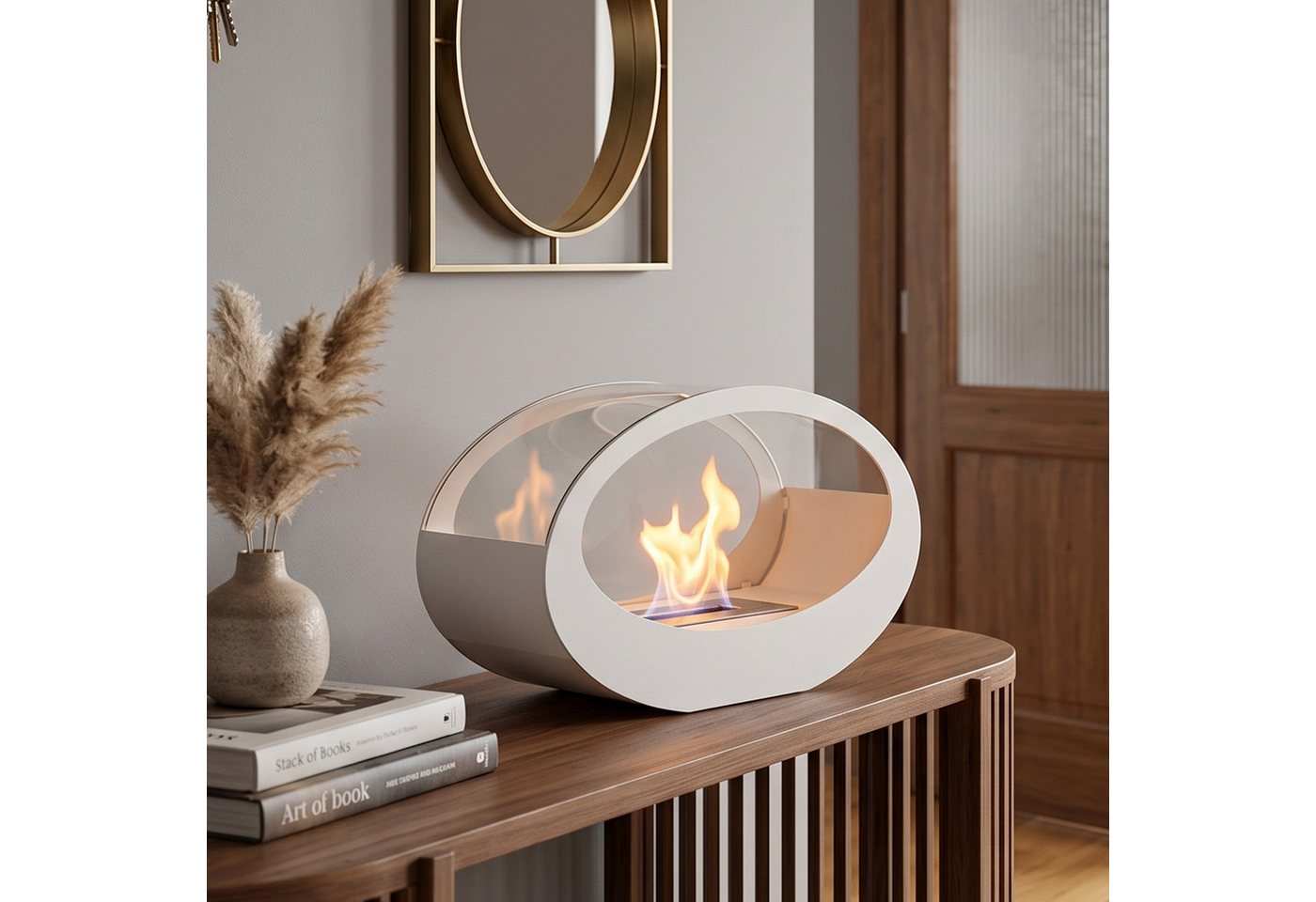 JHY DESIGN Feuerschale 40cm Breite Tisch-Feuerschale Tisch-Kami Windlichter, (1-St), aus Metall und Glas für Innen und Außenbereich Weiß Bild 5