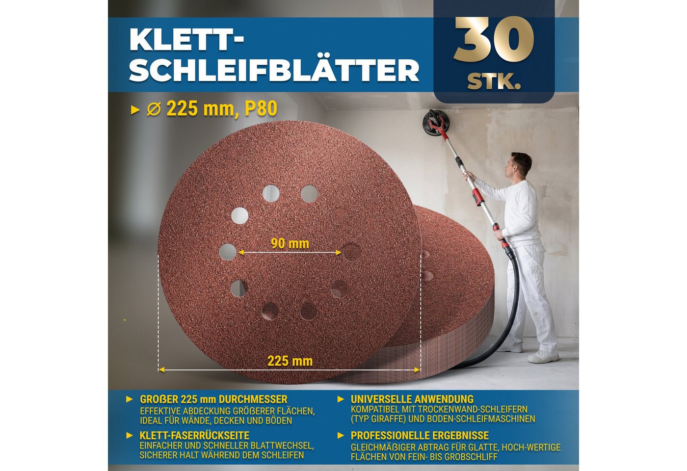 S&R Schleifpapier S&R Schleifpapier 225mm Klett P80, 10 Loch, Schleifgiraffe, 30-tlg, (Set, 10 St), für Exzenterschleifer & Langhalsschleifer für Wand, Decke, Gipskarton