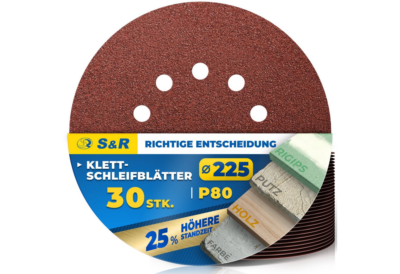 S&R Schleifpapier S&R Schleifpapier 225mm Klett P80, 10 Loch, Schleifgiraffe, 30-tlg, (Set, 10 St), für Exzenterschleifer & Langhalsschleifer für Wand, Decke, Gipskarton Bild 3